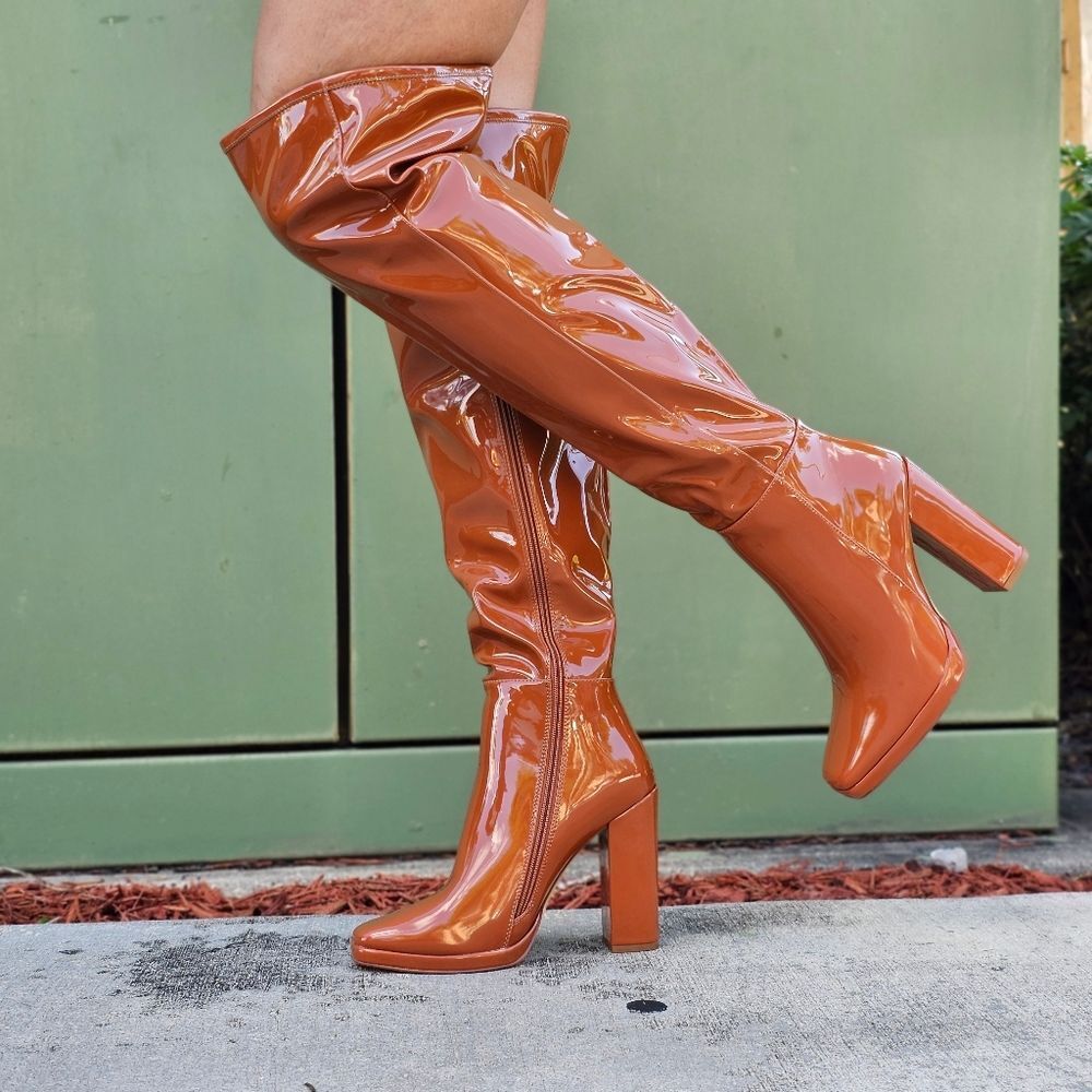 Women's Tan Thigh High Over the Knee Boots Chuncky Heel - Picture 3 of 6